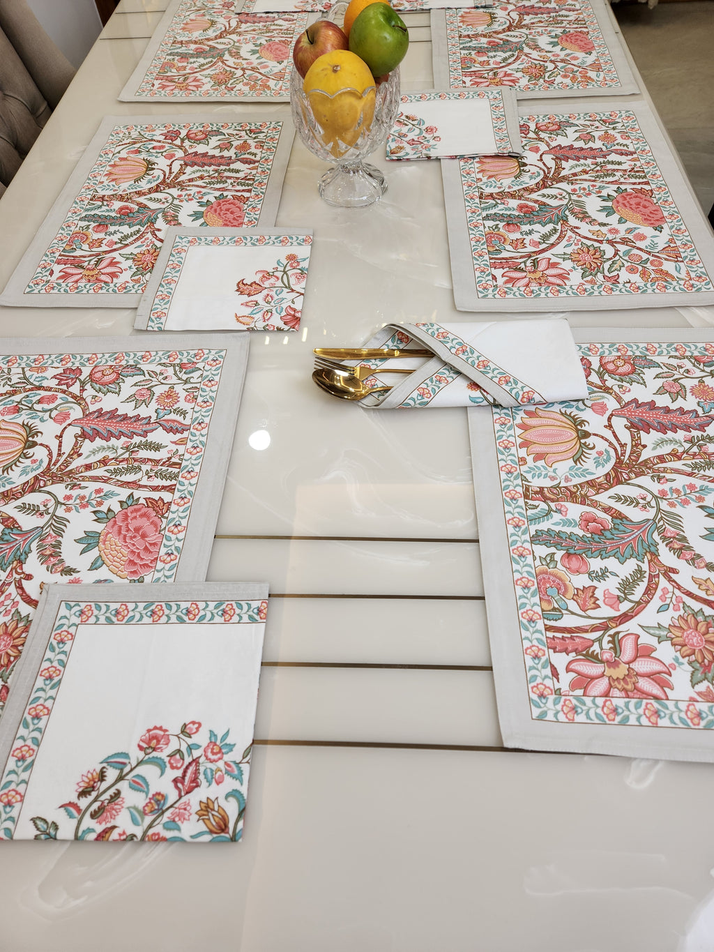 HANDBLOCKED COTTON CANVAS TABLE MATS AND NAPKINS