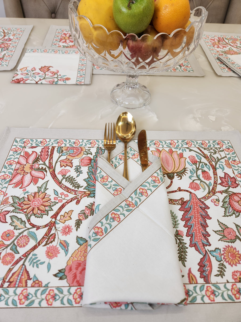 HANDBLOCKED COTTON CANVAS TABLE MATS AND NAPKINS