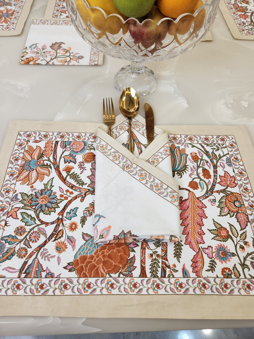 HANDBLOCKED COTTON CANVAS TABLE MATS AND NAPKINS