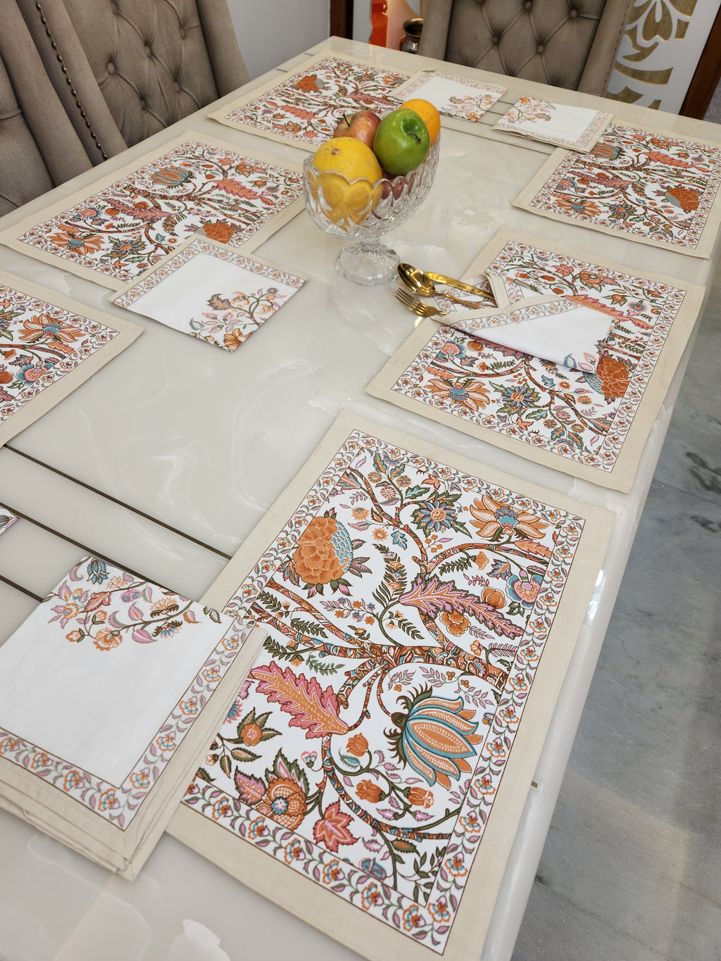 HANDBLOCKED COTTON CANVAS TABLE MATS AND NAPKINS