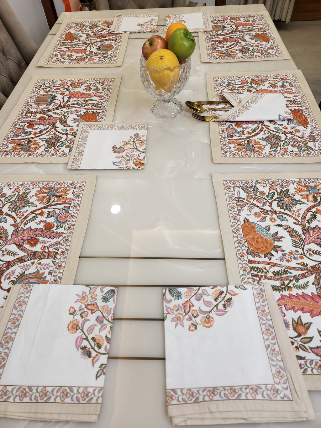 HANDBLOCKED COTTON CANVAS TABLE MATS AND NAPKINS