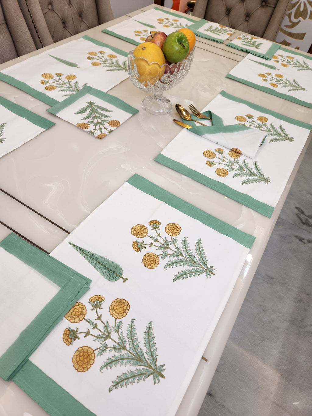 HANDBLOCKED COTTON CANVAS TABLE MATS AND NAPKINS