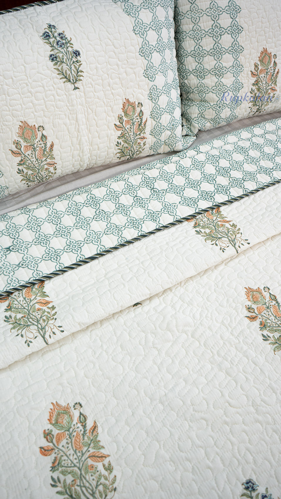 Moonlit Jaipur Hand Block Printed Cotton Reversible Quilted Bed Cover