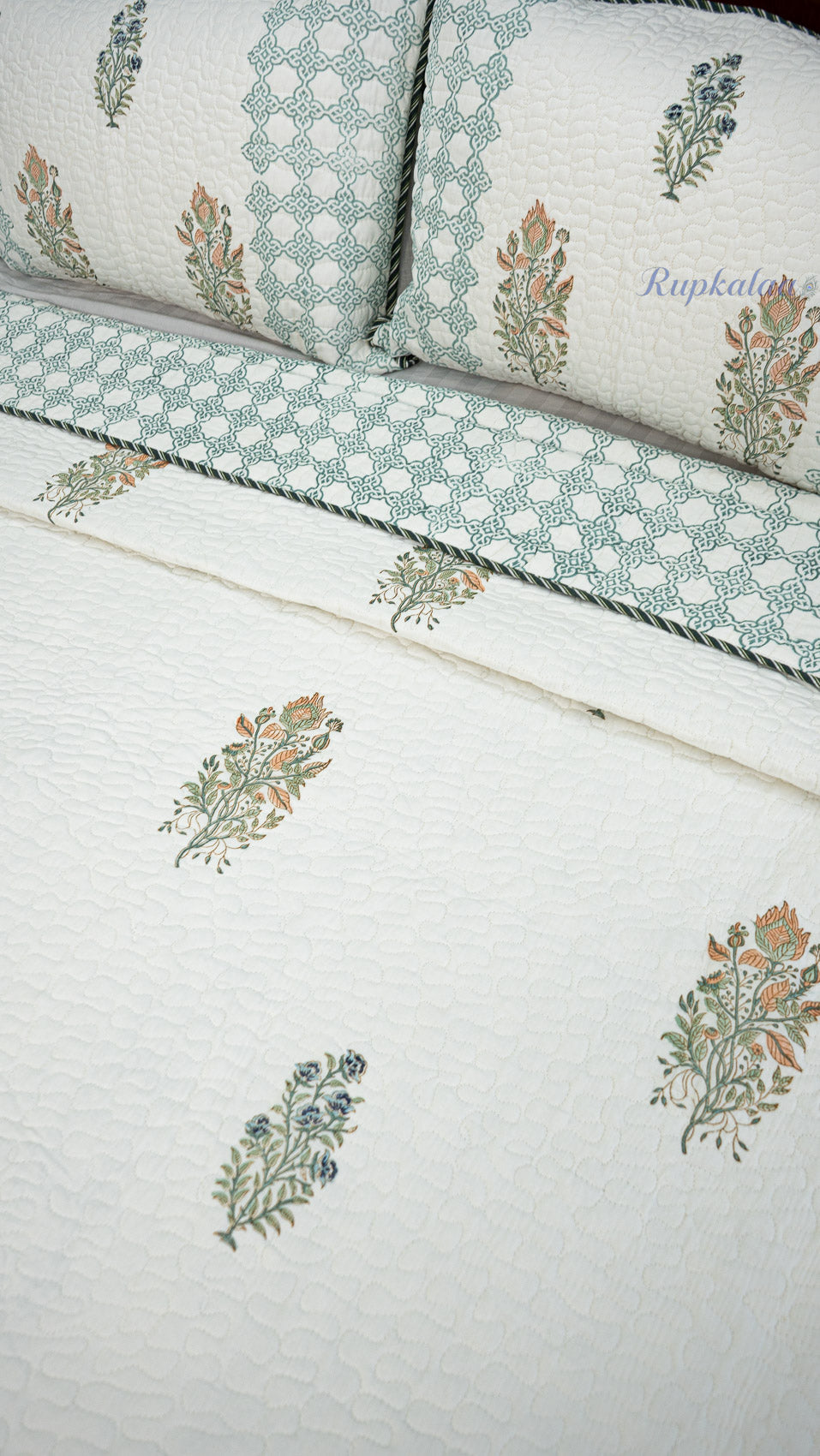 Moonlit Jaipur Hand Block Printed Cotton Reversible Quilted Bed Cover