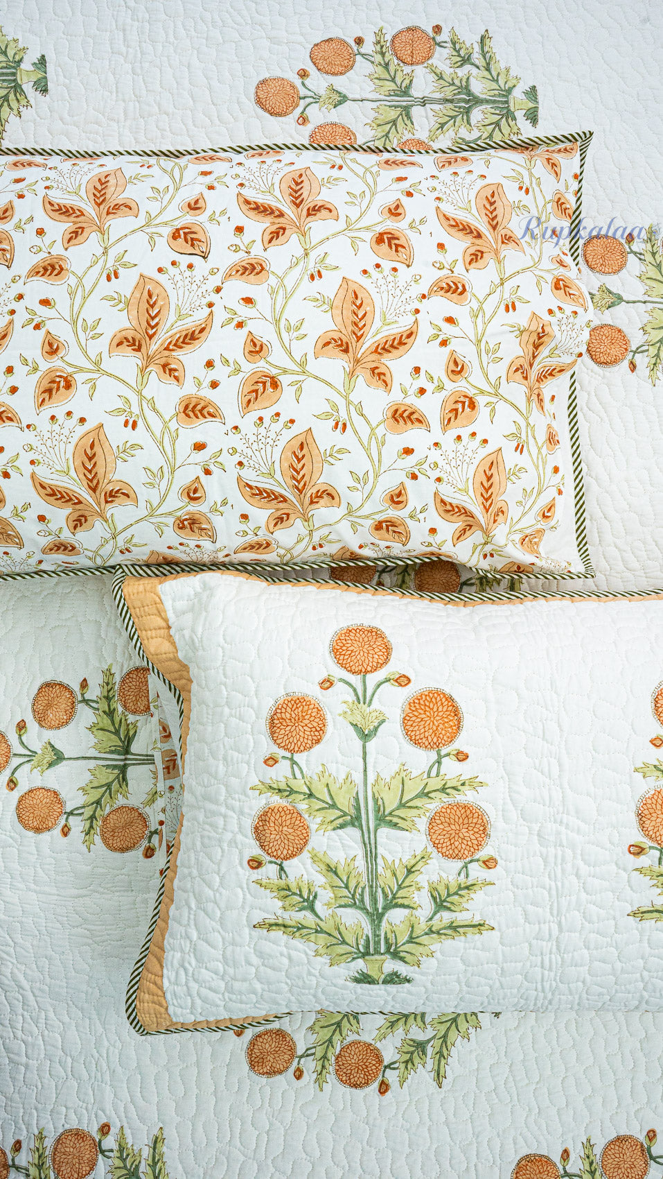 Golden Garden Hand Block Printed Cotton Reversible Quilted Bed Cover