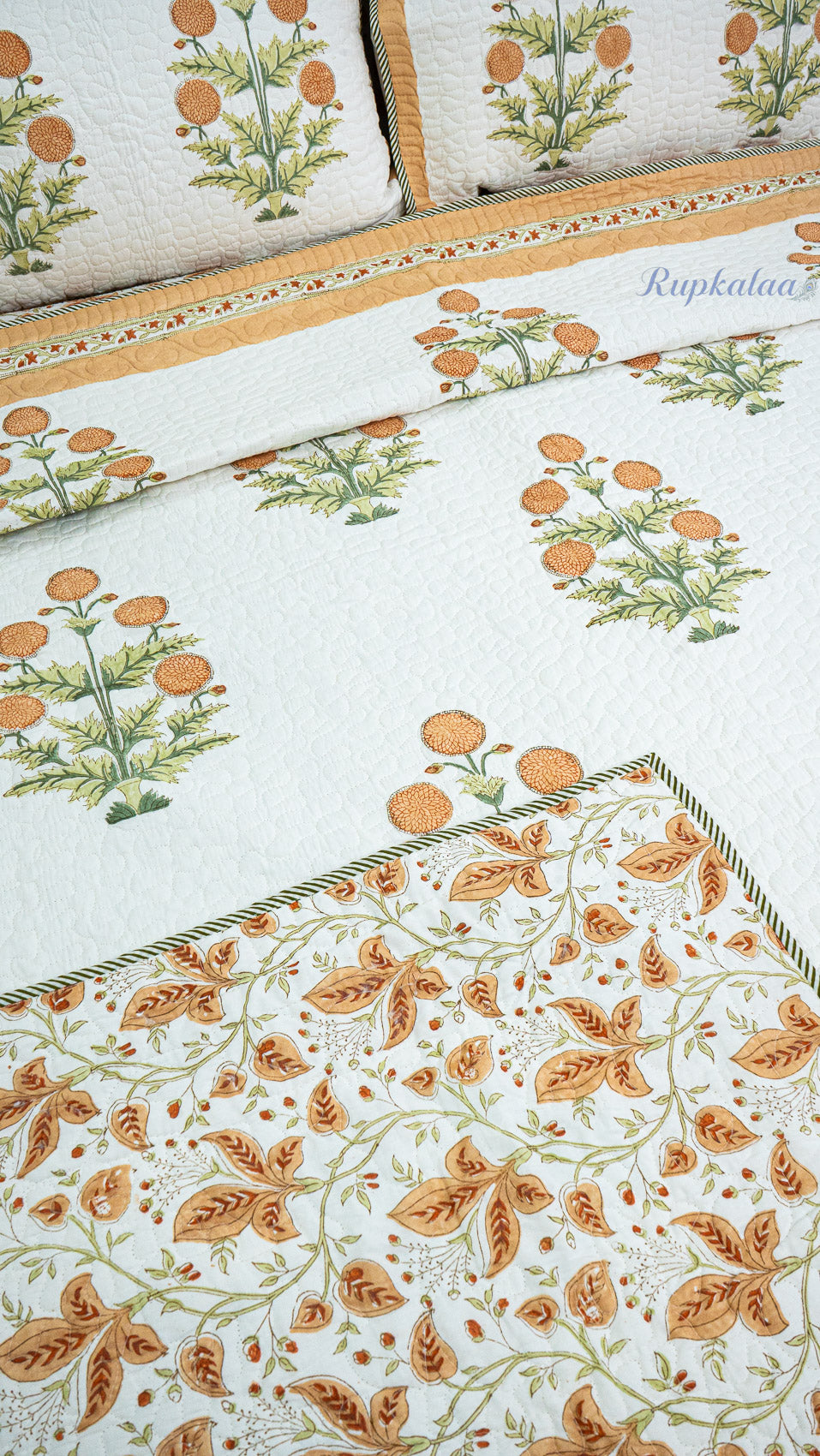Golden Garden Hand Block Printed Cotton Reversible Quilted Bed Cover