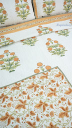 Golden Garden Hand Block Printed Cotton Reversible Quilted Bed Cover