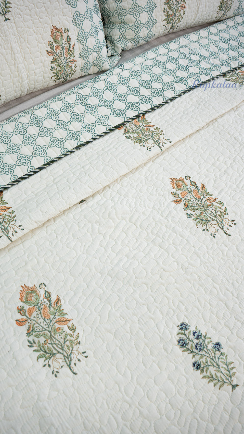 Moonlit Jaipur Hand Block Printed Cotton Reversible Quilted Bed Cover