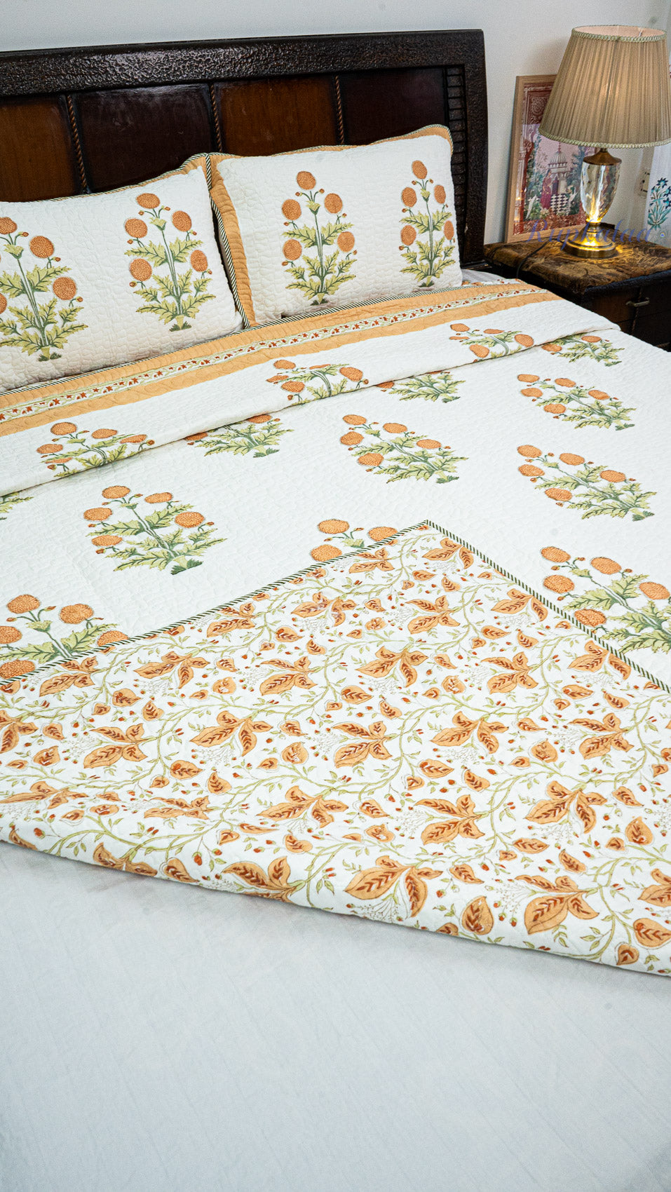 Golden Garden Hand Block Printed Cotton Reversible Quilted Bed Cover