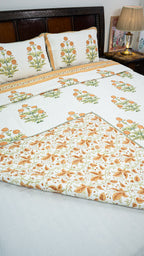 Golden Garden Hand Block Printed Cotton Reversible Quilted Bed Cover