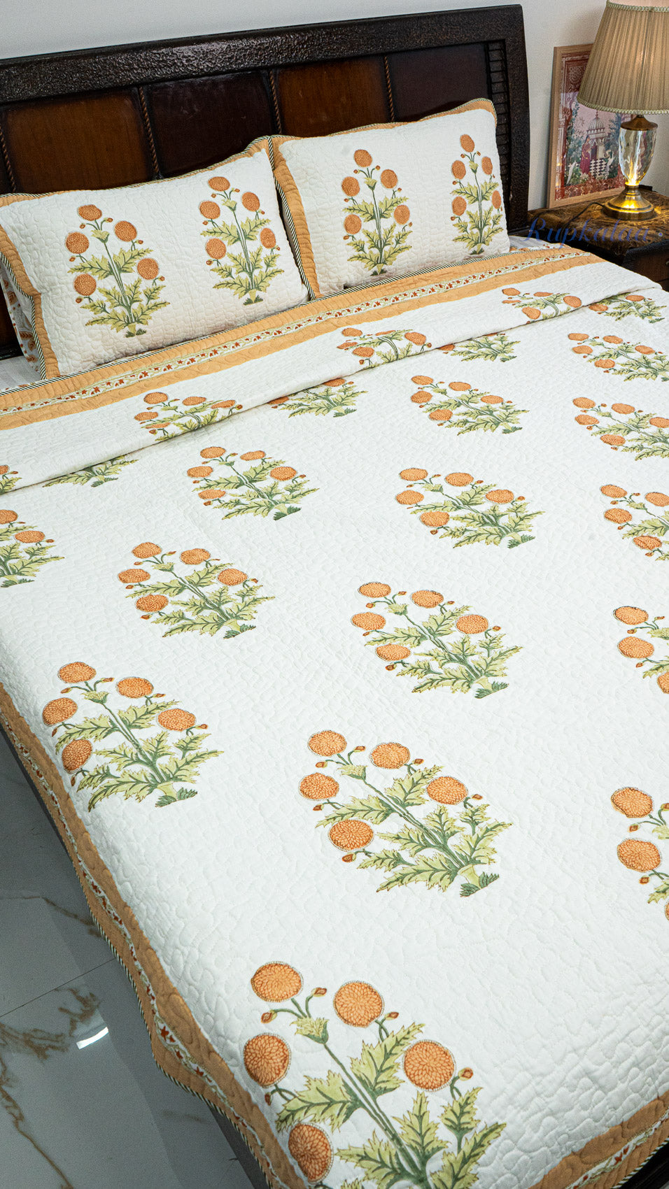 Golden Garden Hand Block Printed Cotton Reversible Quilted Bed Cover