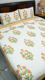 Golden Garden Hand Block Printed Cotton Reversible Quilted Bed Cover
