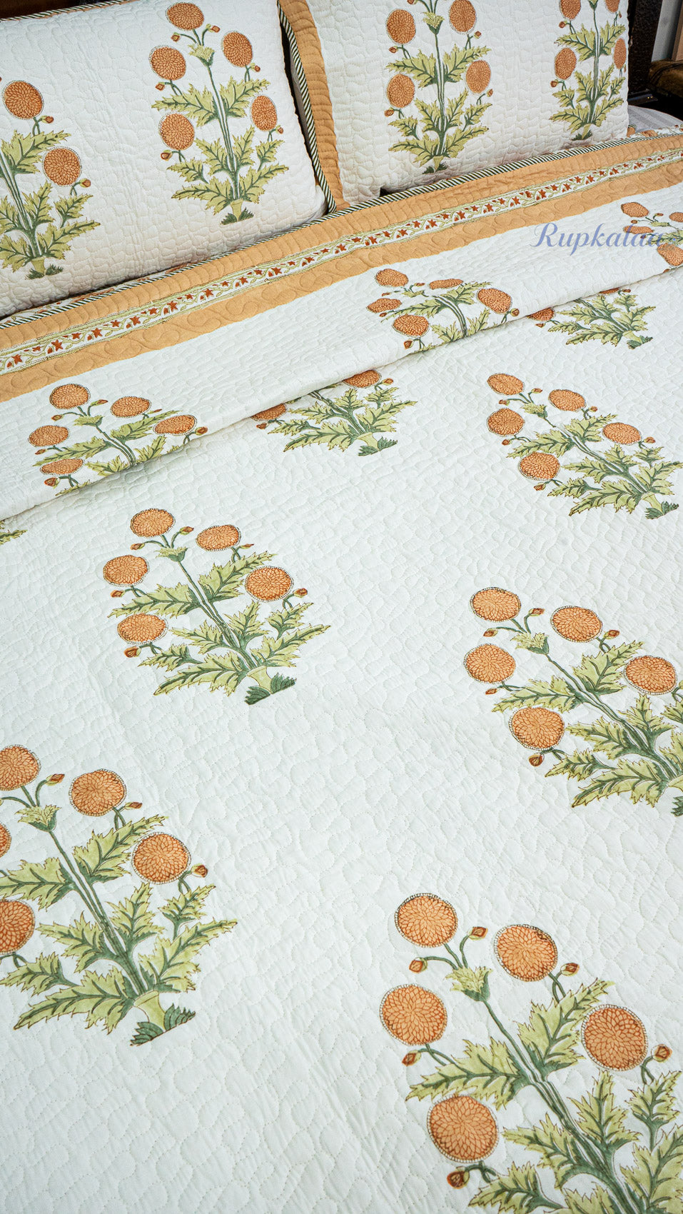Golden Garden Hand Block Printed Cotton Reversible Quilted Bed Cover