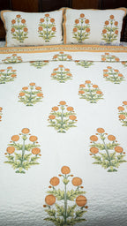 Golden Garden Hand Block Printed Cotton Reversible Quilted Bed Cover