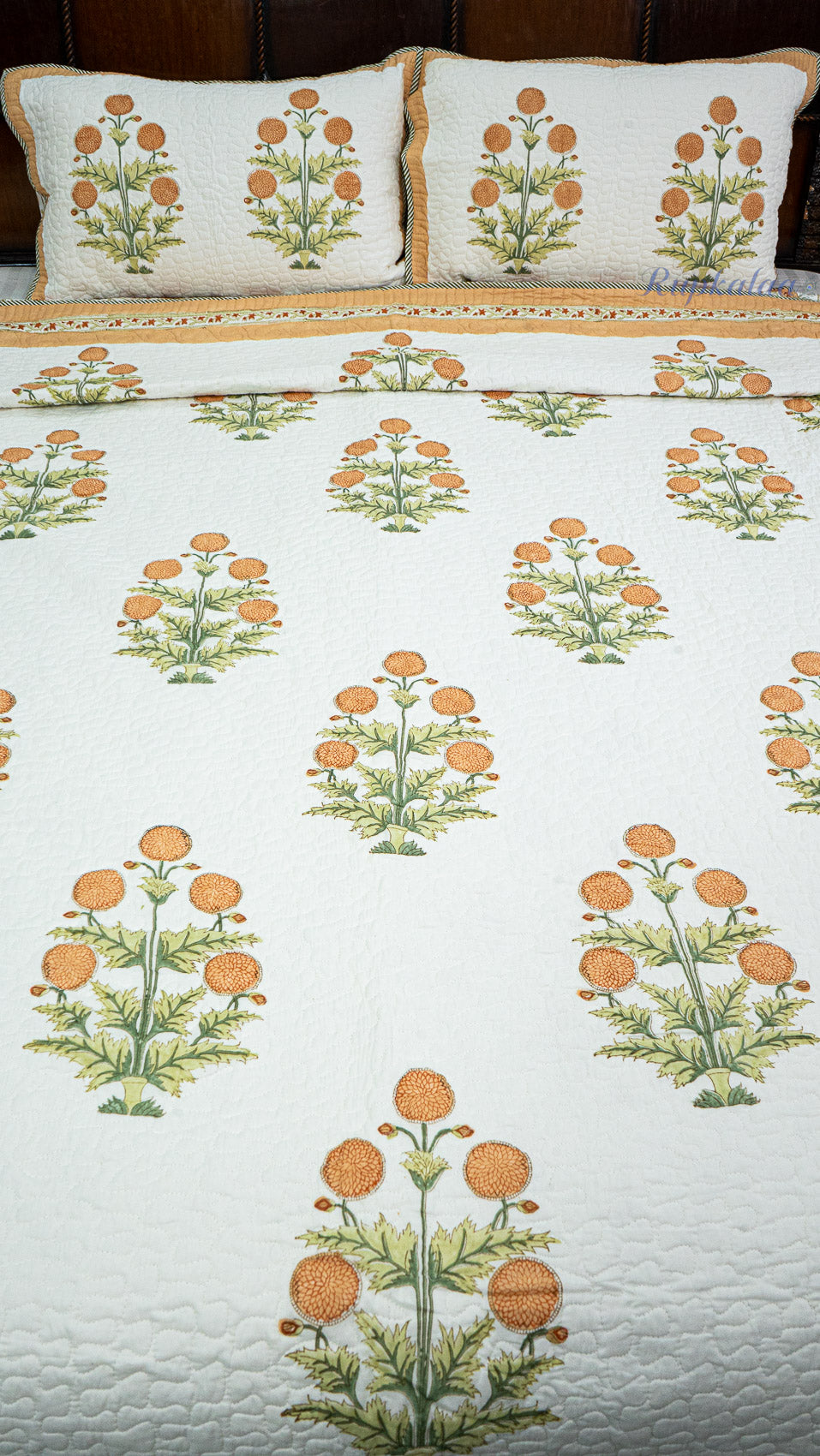 Golden Garden Hand Block Printed Cotton Reversible Quilted Bed Cover