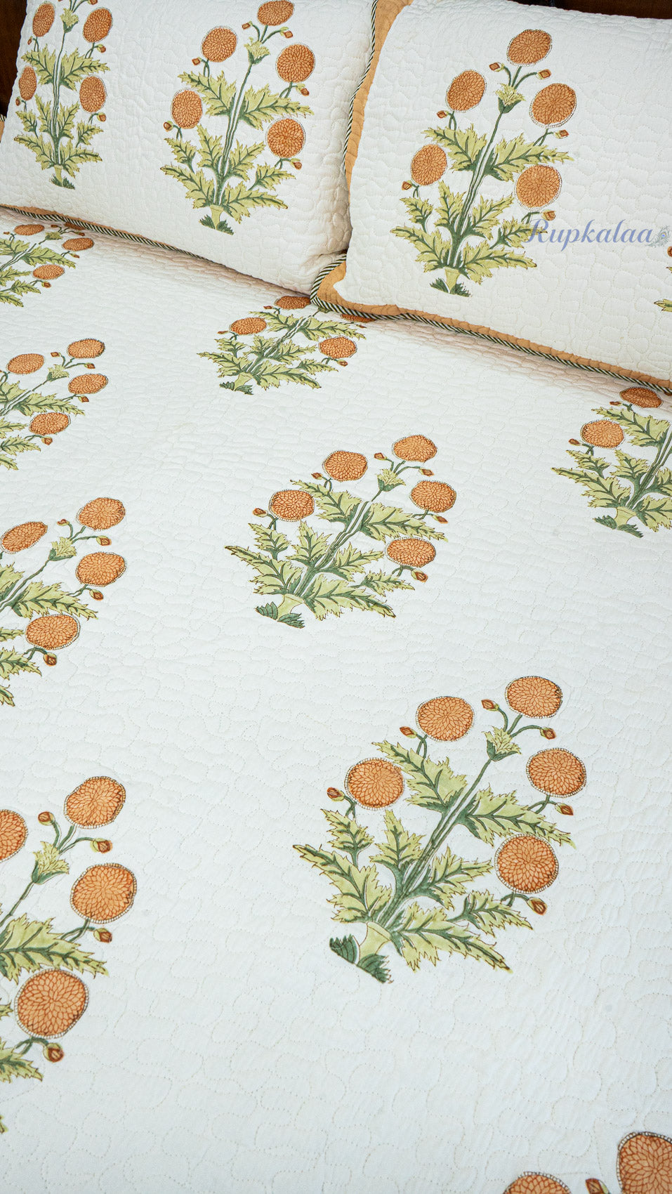 Golden Garden Hand Block Printed Cotton Reversible Quilted Bed Cover
