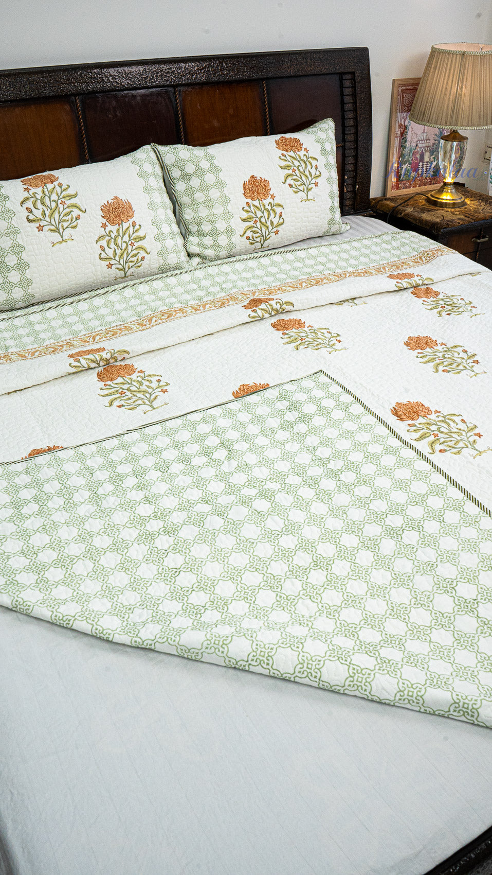 Wild Lotus Hand Block Printed Cotton Reversible Quilted Bed Cover
