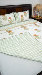Wild Lotus Hand Block Printed Cotton Reversible Quilted Bed Cover
