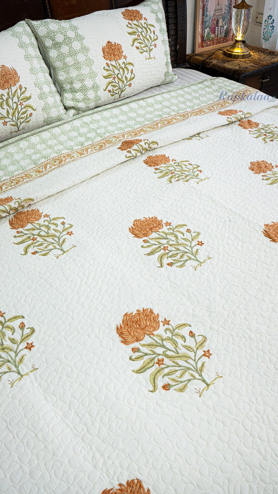 Wild Lotus Hand Block Printed Cotton Reversible Quilted Bed Cover