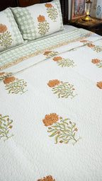 Wild Lotus Hand Block Printed Cotton Reversible Quilted Bed Cover
