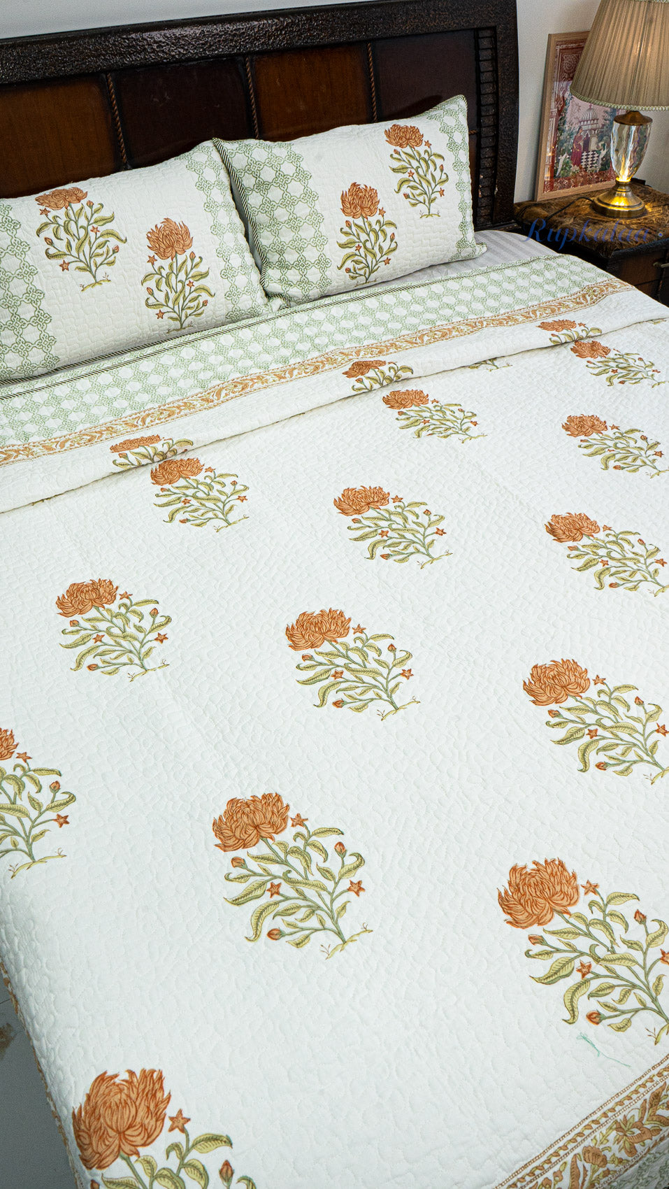 Wild Lotus Hand Block Printed Cotton Reversible Quilted Bed Cover