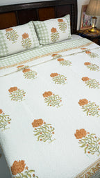 Wild Lotus Hand Block Printed Cotton Reversible Quilted Bed Cover