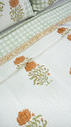 Wild Lotus Hand Block Printed Cotton Reversible Quilted Bed Cover