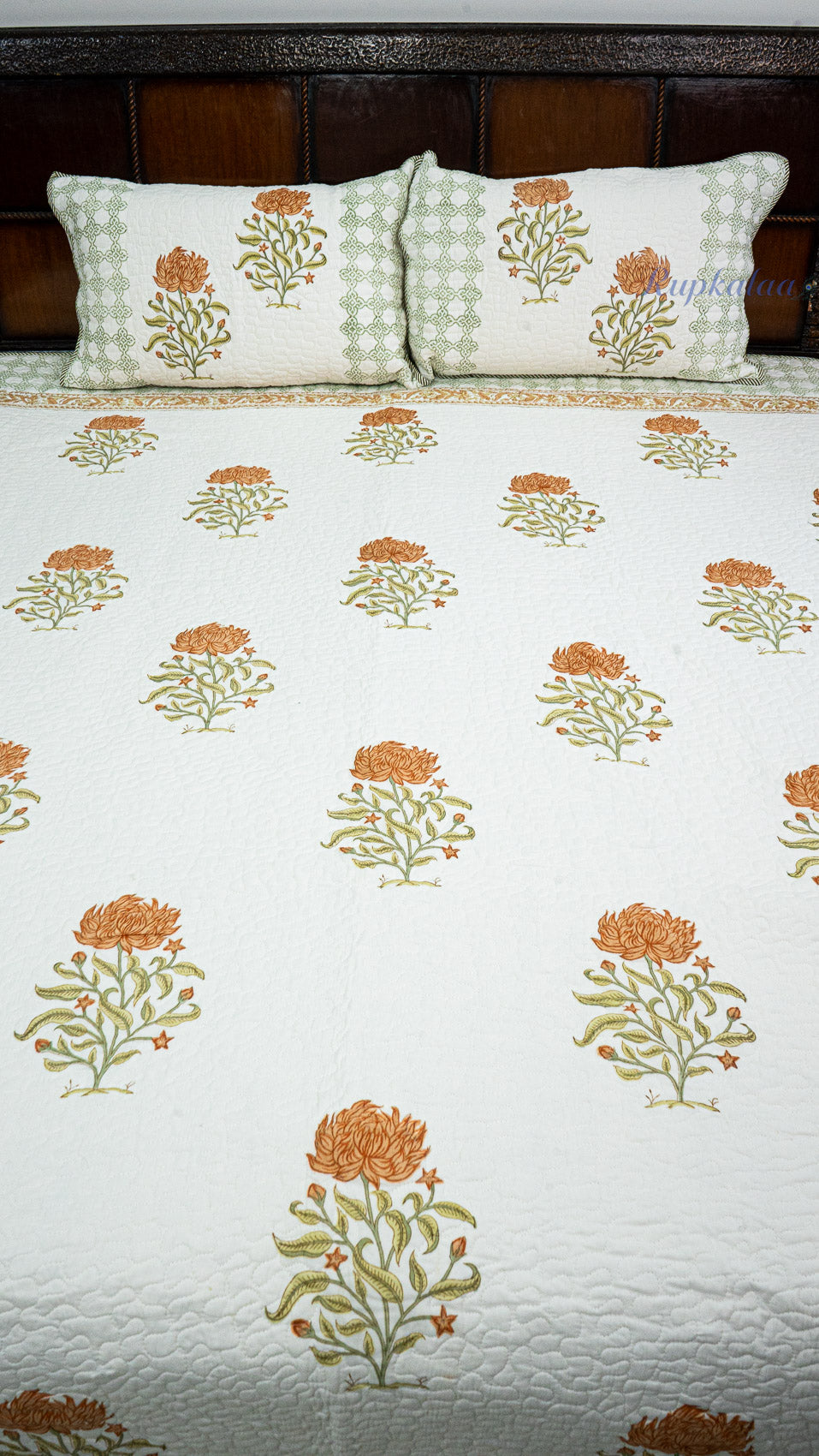 Wild Lotus Hand Block Printed Cotton Reversible Quilted Bed Cover