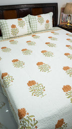 Wild Lotus Hand Block Printed Cotton Reversible Quilted Bed Cover
