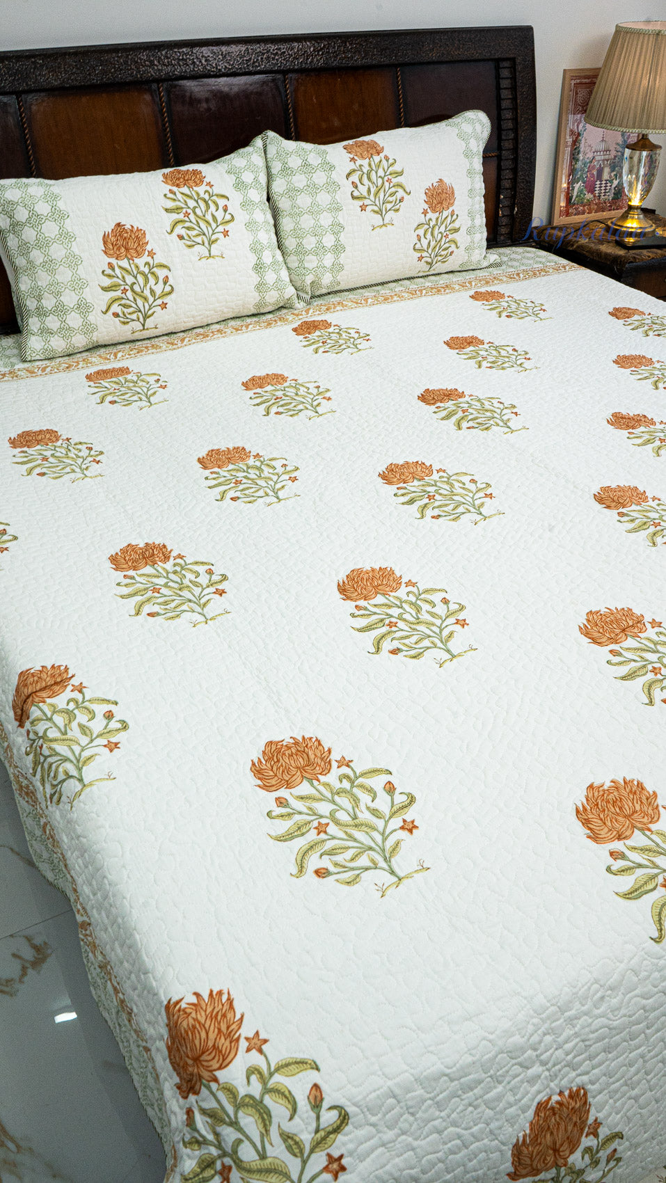 Wild Lotus Hand Block Printed Cotton Reversible Quilted Bed Cover