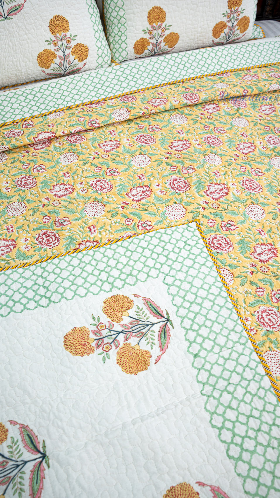 Marigold Bloom Hand Block Printed Cotton Reversible Quilted Bed Cover
