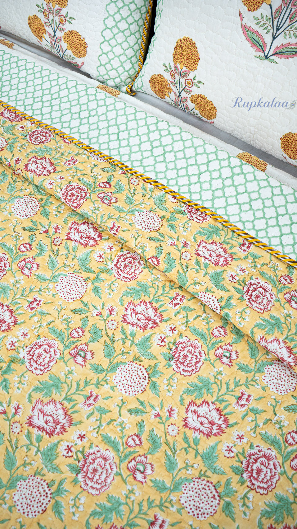 Marigold Bloom Hand Block Printed Cotton Reversible Quilted Bed Cover