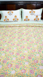 Marigold Bloom Hand Block Printed Cotton Reversible Quilted Bed Cover