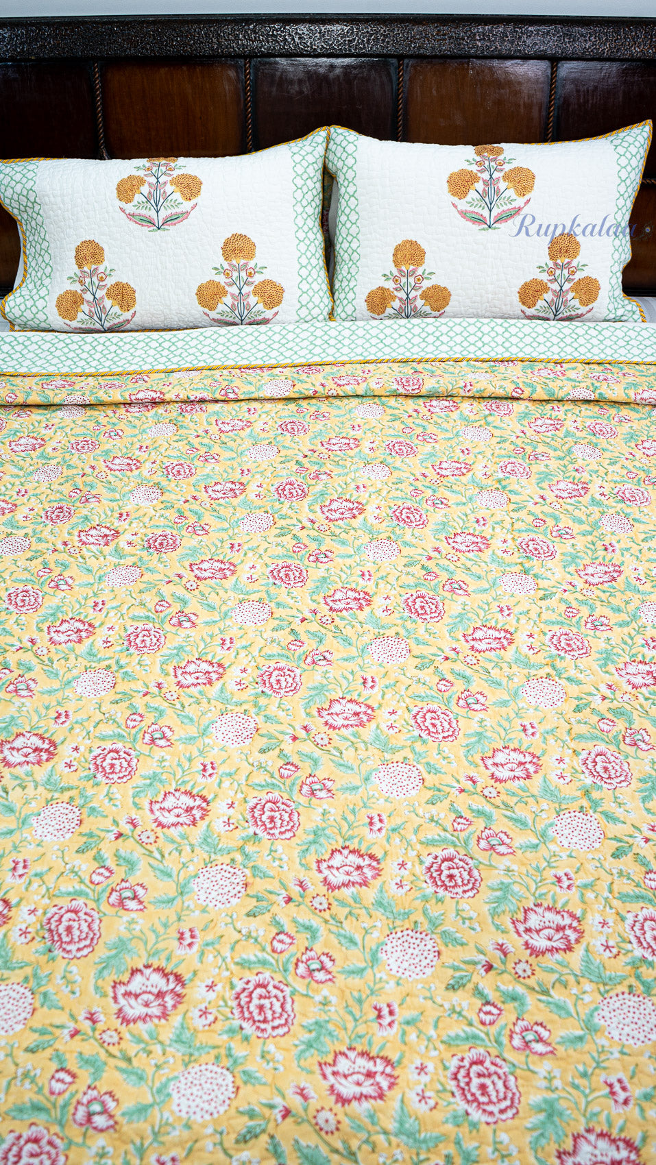 Marigold Bloom Hand Block Printed Cotton Reversible Quilted Bed Cover