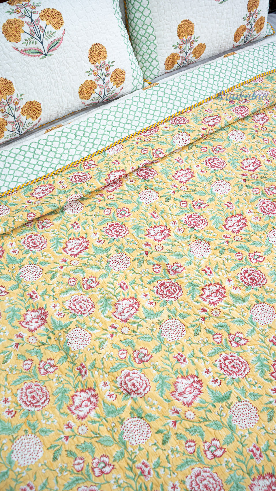 Marigold Bloom Hand Block Printed Cotton Reversible Quilted Bed Cover