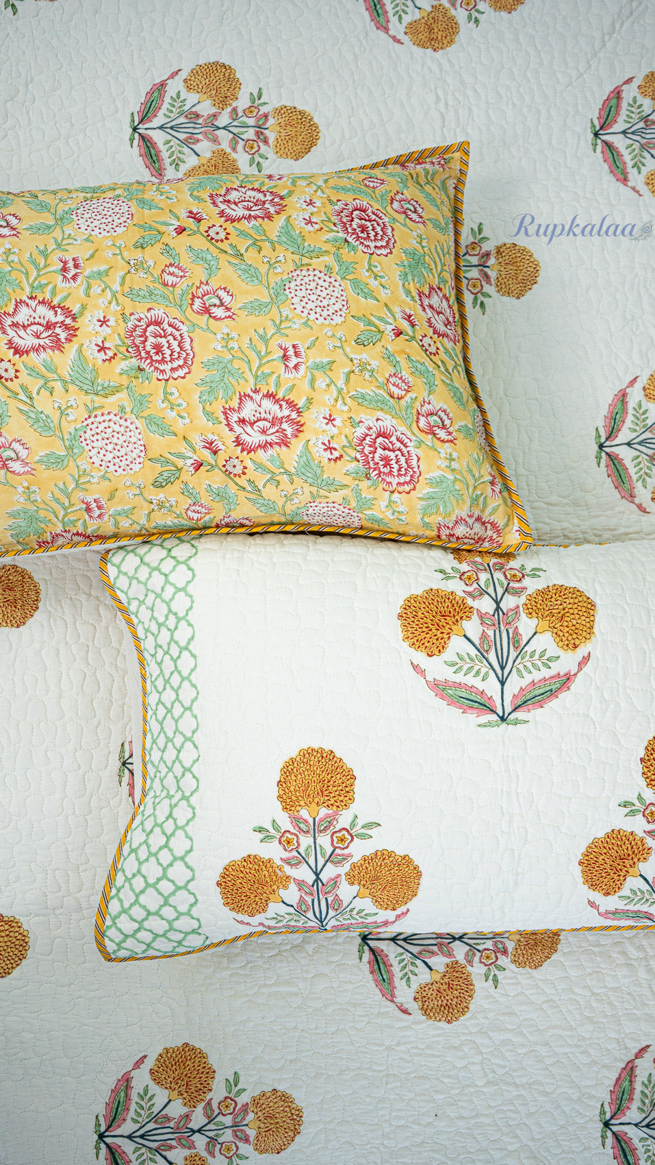 Marigold Bloom Hand Block Printed Cotton Reversible Quilted Bed Cover