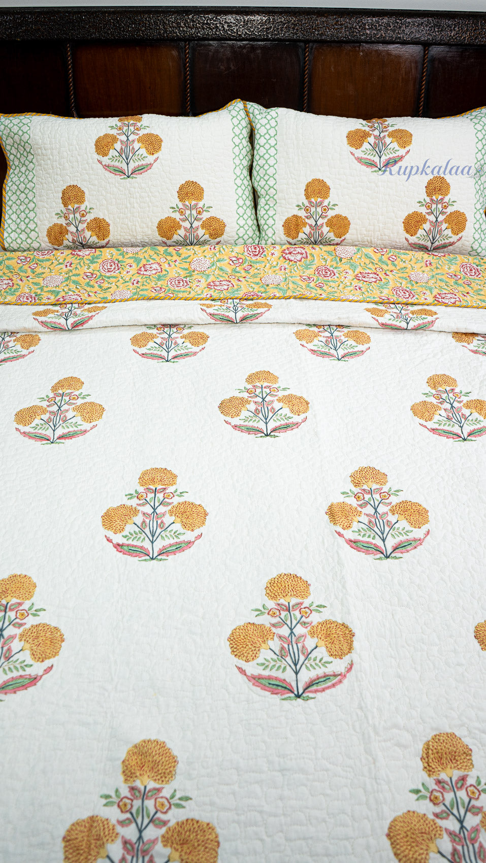 Marigold Bloom Hand Block Printed Cotton Reversible Quilted Bed Cover