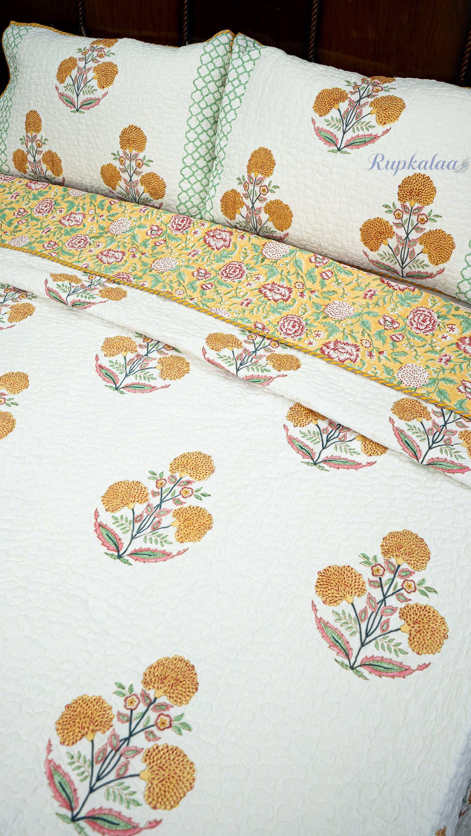 Marigold Bloom Hand Block Printed Cotton Reversible Quilted Bed Cover