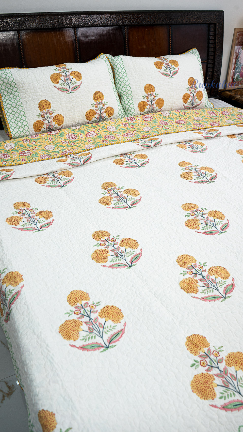 Marigold Bloom Hand Block Printed Cotton Reversible Quilted Bed Cover