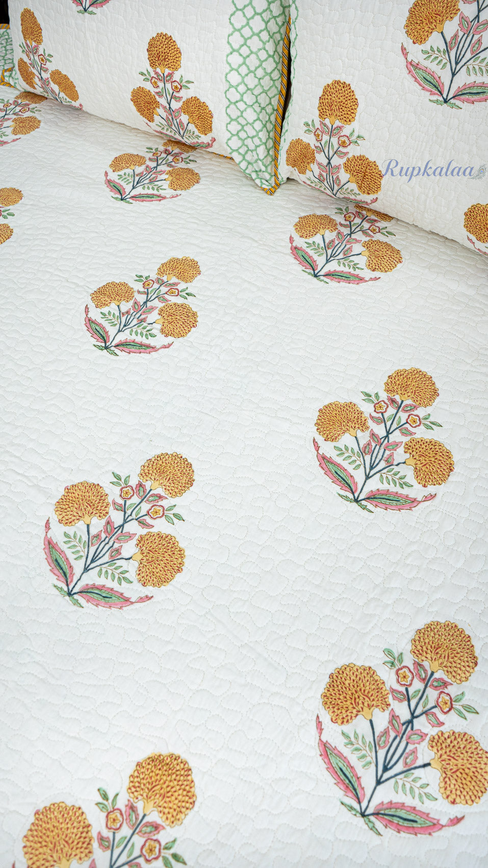 Marigold Bloom Hand Block Printed Cotton Reversible Quilted Bed Cover