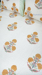 Marigold Bloom Hand Block Printed Cotton Reversible Quilted Bed Cover