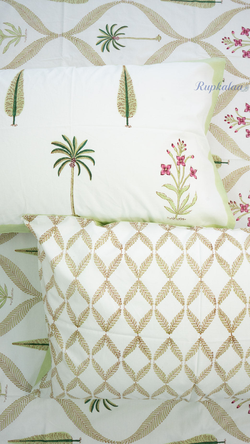 Royal Palm Hand Block Printed Cotton Bedsheet with Two Pillow Covers
