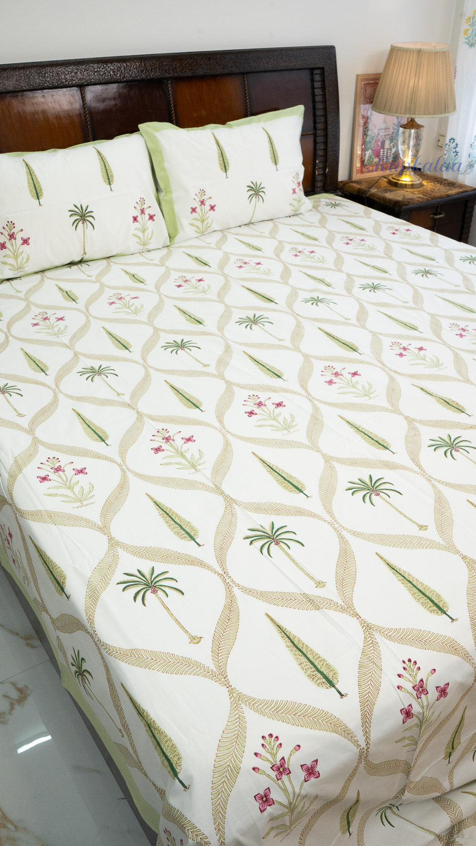 Royal Palm Hand Block Printed Cotton Bedsheet with Two Pillow Covers