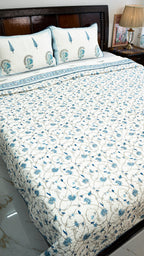 Abstract Neel Hand Block Printed Cotton Reversible Quilted Bed Cover