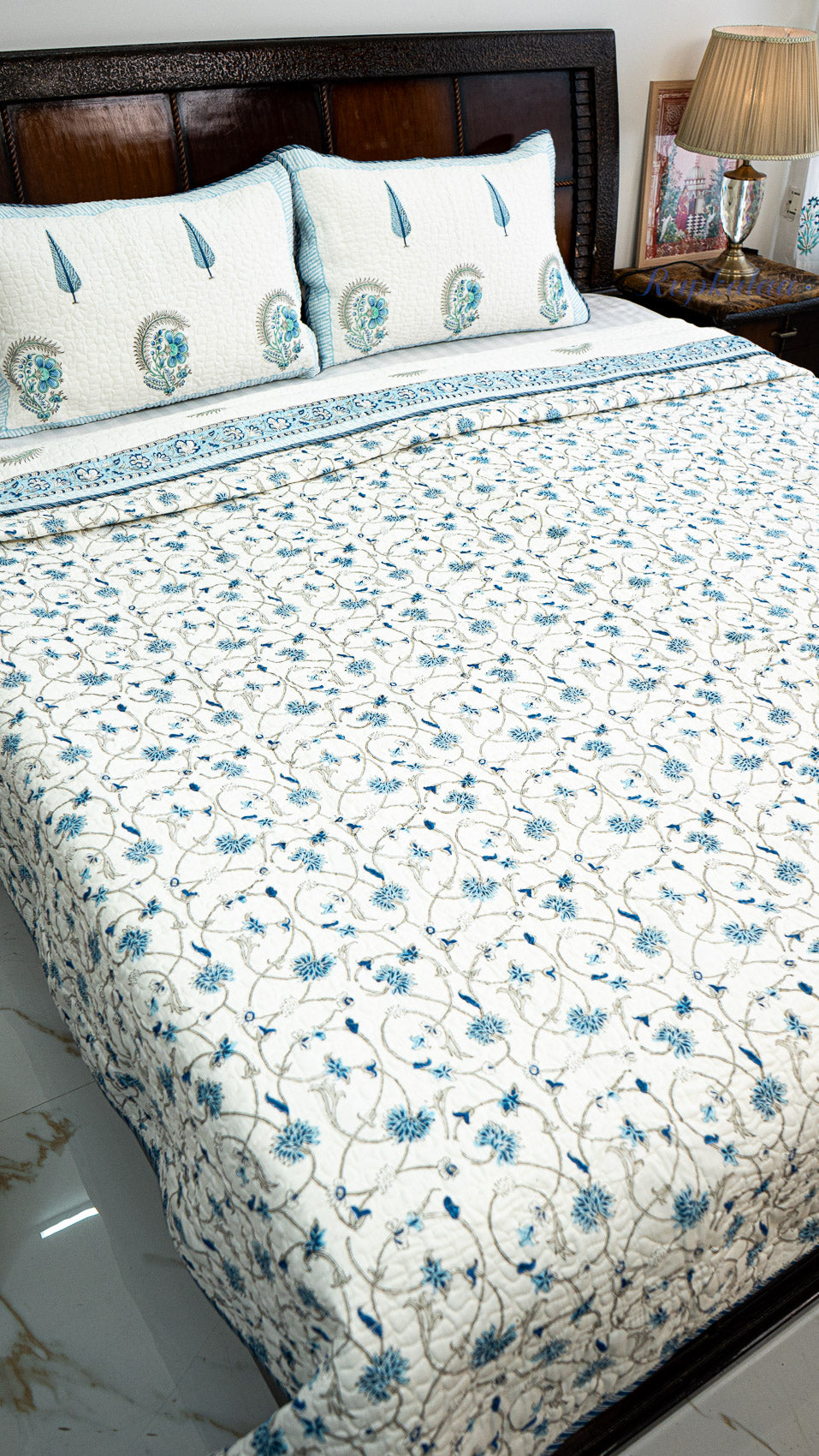 Abstract Neel Hand Block Printed Cotton Reversible Quilted Bed Cover