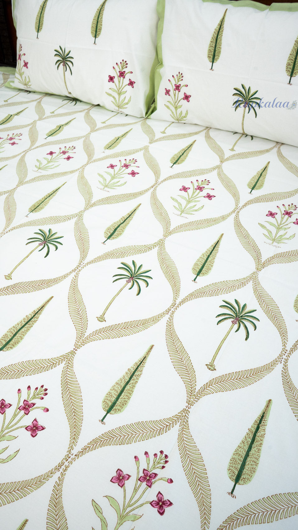 Royal Palm Hand Block Printed Cotton Bedsheet with Two Pillow Covers