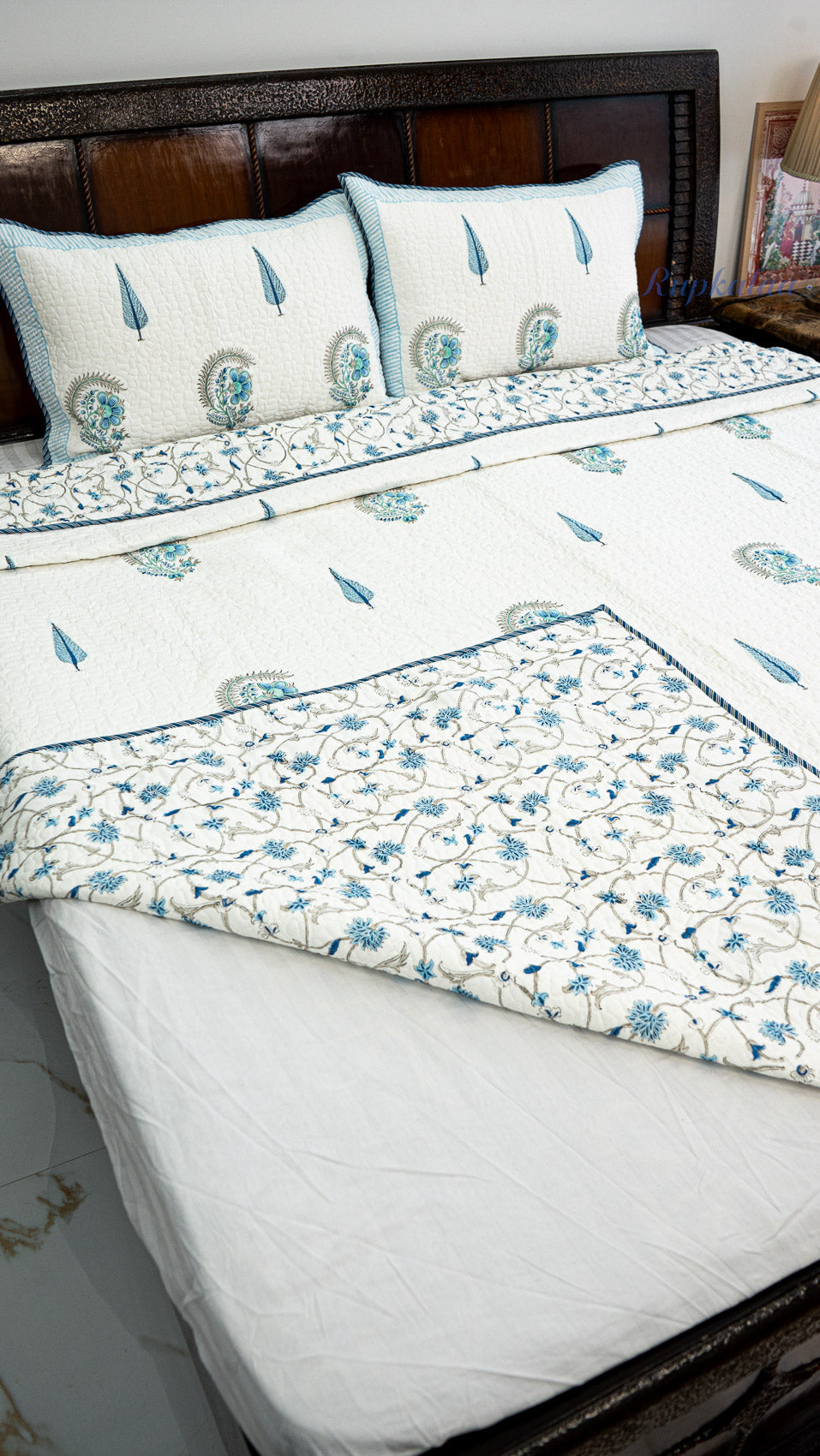 Abstract Neel Hand Block Printed Cotton Reversible Quilted Bed Cover