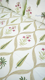 Royal Palm Hand Block Printed Cotton Bedsheet with Two Pillow Covers