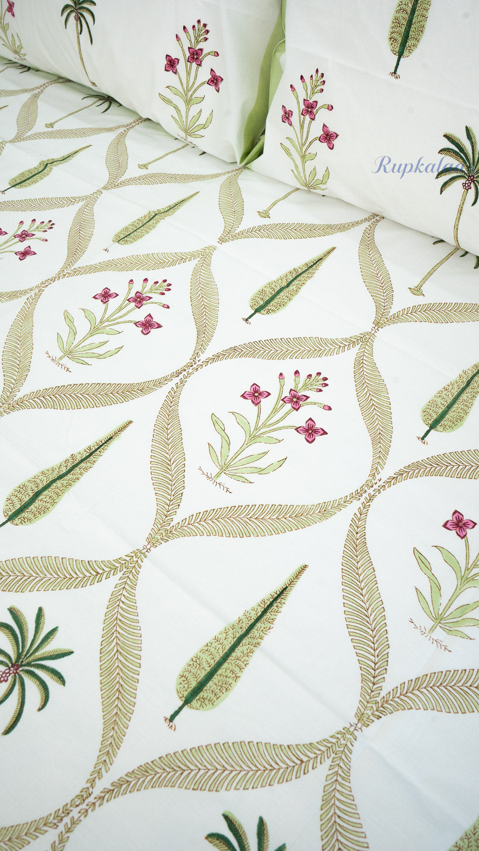 Royal Palm Hand Block Printed Cotton Bedsheet with Two Pillow Covers