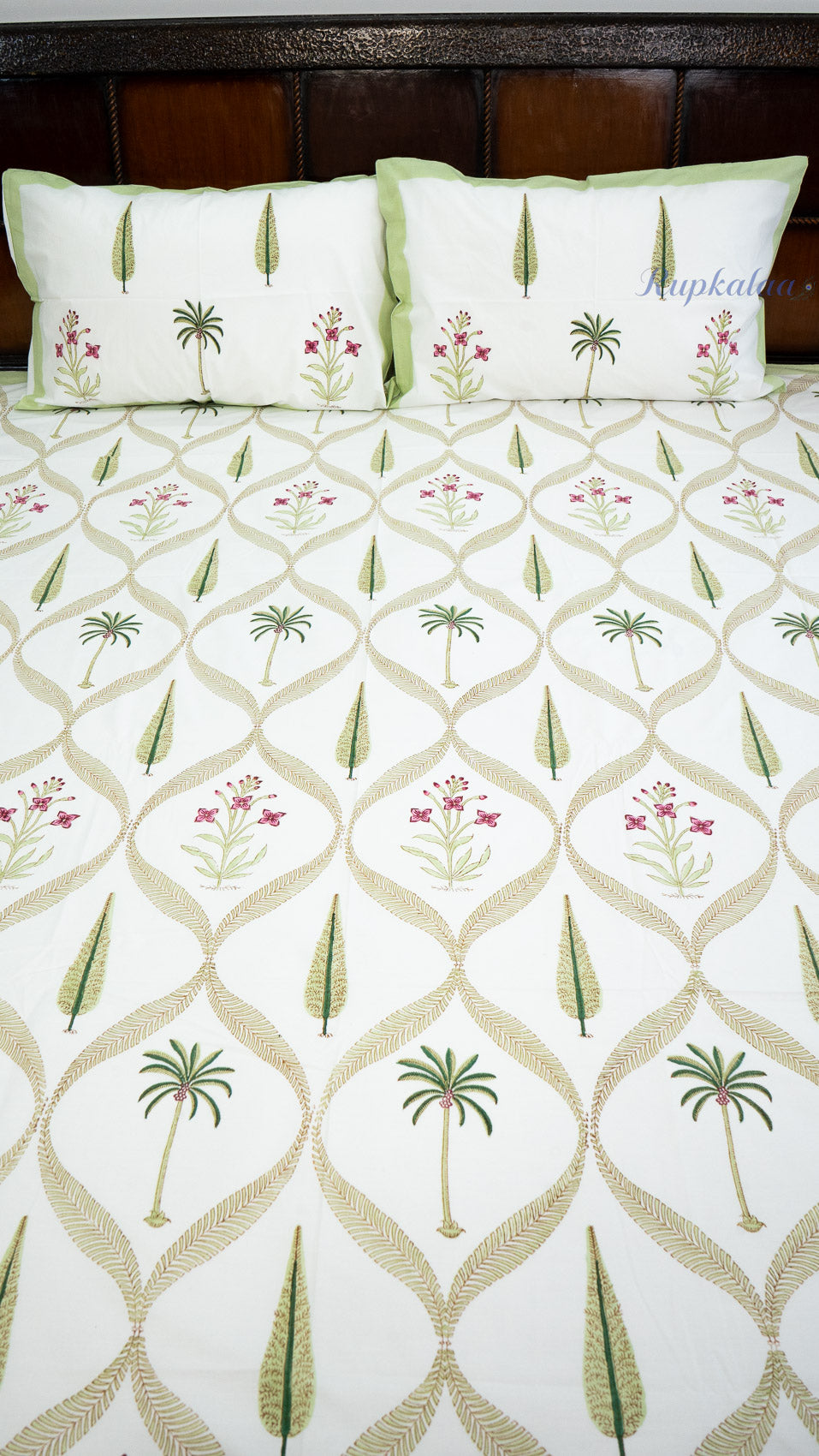 Royal Palm Hand Block Printed Cotton Bedsheet with Two Pillow Covers